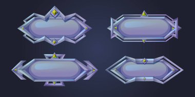 Gümüş oyun düğmeleri siyah arkaplanda izole edildi. Sarı değerli taşlarla dekore edilmiş ortaçağ metal çerçevelerinin vektör çizimi, kullanıcı arayüzü menüsü, seviye tasarımı, antik tarz sınırlar