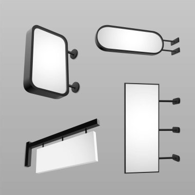 Duvara monte edilmiş tabela modeli modern boş ekran - dikdörtgen, oval ve yatay ışık kutusu çerçeveleri. Siyah metal tutucuların temiz minimalist tasarımı ve markalaştırmak için beyaz ışıklı paneller.