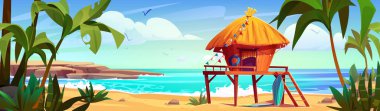 Kumlu sahildeki sörf kulübesinde yaz deniz manzarasına karşı. Yeşil palmiye ağaçları olan tropik adanın vektör çizimi, saman çatılı bambu ev ve tahta merdiven, gökyüzünde uçan kuşlar.