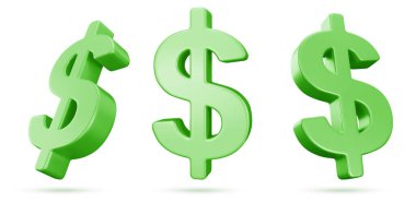 Beyaz üzerinde yeşil 3D dolar işaretleri var. Gölge, USD para birimi, iş finansmanı, çevrimiçi kumarhane uygulaması tasarım unsuruyla dönen ve yüzen Amerikan para sembollerinin gerçekçi temsili