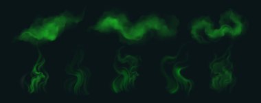 Siyah arkaplanda yeşil duman bulutları belirlendi. Kötü koku etkisinin gerçekçi temsili, kokuşmuş sis, zehirli sis, zehirli kimyasal buhar, havada süzülen duman dalgası, pis koku buharı.