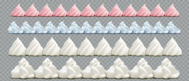 Krem şanti 3D kenar desenleri. Pembe, mavi ve beyaz kıvrımlar sıra sıra dizilmiş. Farklı şekillere sahip gerçekçi dekoratif süsleme elementleri, pasta ve pasta dekorasyonu tasarımları için dokular.