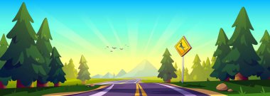 Yaz ormanı yolu manzarası. Sabah güneşinin altında çam ağaçlarının arasından uzak dağlara dolambaçlı otoyol. Geyik geçidi işareti, uçan kuşlar ve doğal çevresi olan vahşi doğa..