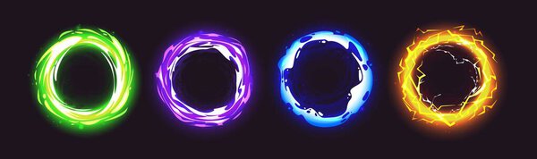 Magic game portals set isolated on black. Vector cartoon illustration of fantasy neon color circle frame, round door to fantasy world, space or time dimension for game ui design, shining teleport