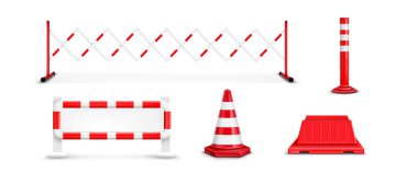 Yol bariyeri kırmızı ve beyaz çizgili - genişletilebilir çit, güvenlik bariyeri, trafik konisi, plastik bölme ve uyarı direği. İnşaat bölgeleri için ulaşım koruyucu ekipman.