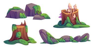 Bataklık taşları ve yosun kaplı kütükler beyaza izole edilmiş. Orman manzarası elementlerinin vektör çizimi, eski kayalar, ağaç gövdesinde büyüyen mantarlar, tropikal orman gölü bitki örtüsü