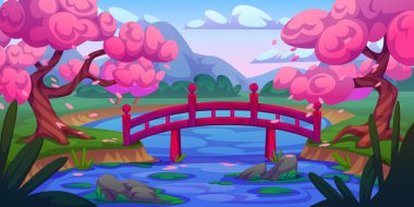 Sakura bahçesi ve dağ vadisindeki göldeki ahşap köprü. Ağaçlarda pembe çiçekler, yeşil çimenler ve çalılar, mavi nehir suyunda taşlar olan güzel bahar manzarasının vektör çizimi.