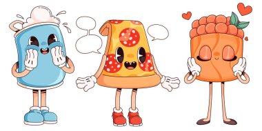 Retro fast food karakterleri beyaza ayarlandı. Mutlu köpüklü soda kutusu, bir dilim pizza, kollu ve bacaklı balonlu çay maskotları, restoran menüsü elementlerinin çağdaş vektör çizimi.