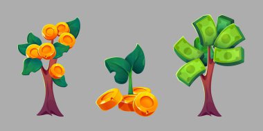 Para ağaçları arka planda izole edildi. Fabrika, başarılı yatırım, finans yönetimi, iş geliştirme kavramı üzerinde büyüyen altın sikkelerin ve kağıt dolarların vektör çizimi