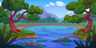 Dağ vadisi arka planında yaz gölü. Parktaki ağaçların ve çalıların, mavi nehirdeki taşların, çimlerin, gökyüzündeki bulutların, güneşli kamp alanlarının güzel yeşil manzarasının vektör çizimi.