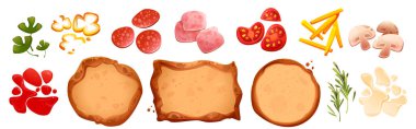 Pizza malzemeleri beyaza sabitlendi. Hamur tabanı, domates, biber, mantar parçaları, jambon ve salam dilimleri, ketçap sosu, zeytinyağı, biberiye, İtalyan fast food.