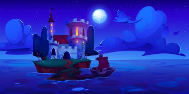 Gece deniz adasında bir kale. Karanlık deniz manzaralı peri masalı karikatürü, kuleleri, kapısı ve pencereleri olan ortaçağ taş binası, ahşap iskele, suda yelkenli, gökte ay.