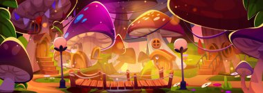 Magic mushroom village with wooden bridge connecting fairy houses built into giant fungi. Fantasy forest setting illuminated by sunlight with cottage toadstools, enchanted path with lanterns. clipart