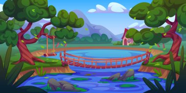 Kır göleti sahnesi, ahşap askılı köprü, halat korkulukları, gölü geçen mavi su, yemyeşil ağaçlarla çevrili ahşap salıncak. Uzak dağ ve rahat kulübesi olan huzurlu bir manzara..