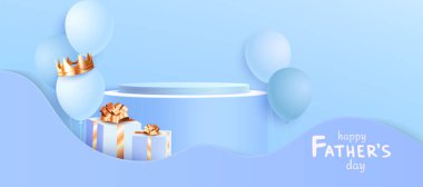 Mavi arka planda Babalar Günü kutlamaları olan 3D podyum gösterisi. Platformun yanında altın fiyonklu dekoratif hediye kutuları, sahnenin üzerinde süzülen yumuşak balonlar, kraliyet başlığıyla taçlandırılmış..