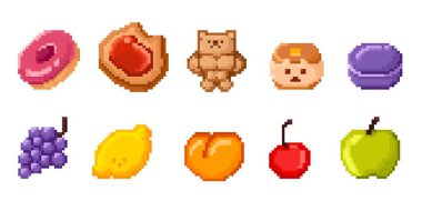 Çörek, reçelli turta, tatlı ayı kurabiyesi ve çörek, mor makaron, üzüm kümesi, taze limon ve şeftali, kırmızı kiraz ve yeşil elma. Tatlı ikram ve meyveli Retro stil oyun varlıkları.