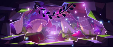 Geceleri sihirli mantar ormanı - mağaranın içinden manzara. Parlayan mantarlar mistik manzaraya dağıldı. Parlak bitkilerle, ateş böcekleriyle, yapraklı sarmaşıklarla, taş yollarla dolu mor ışıklı bir ortam..