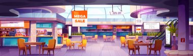 Restoran tezgahları, yemek alanları ve reklam afişleri olan alışveriş merkezleri. Pizza tezgahlı alışveriş merkezi kafeteryası, menü vitrinleri, sandalyeler ve masalar, dekoratif bitkiler ve koridorda yürüyen merdiven..