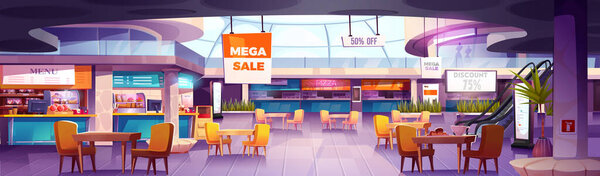 Фуд-корт Mall с ресторанными прилавками, столовой и промоутерами. Кафетерий торгового центра с пиццерией, меню, стулья и столы, декоративные растения и эскалатор в зале.