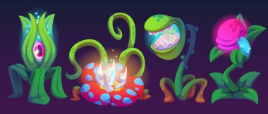 Karanlık ortamda parlayan sihirli bitki canavarları. Parlak efektli mistik flora - siklopedi yeşili filizlenme, dikenli benekli pembe yaratık, sivri dişli yırtıcı, fantezi tasarımı için ışıldayan çiçek