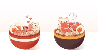 Cute cats enjoying ramen bowls illustration - playful kittens sitting among noodles, eggs, shrimp and meat. Cartoon pets peeking from traditional Japanese dishes with red and brown ceramic vessels. clipart