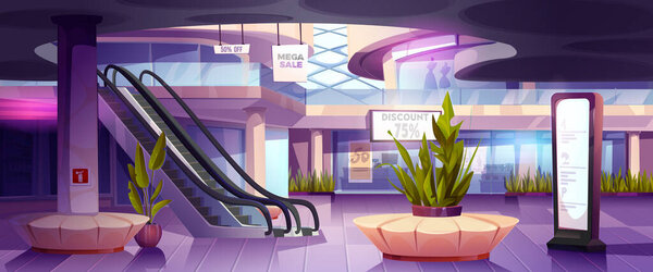 Mall entrance hall with modern escalator, decorative plants and discount banners. Shopping center interior with promotional displays, digital information stand, retail stores, glass walls and railings
