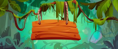 Tropikal orman ortamında iplere asılı tahta tabela. Vahşi bitki örtüsü, yemyeşil yapraklar, sarmaşıklar ve yosunlar arasında kahverengi kalaslar. Oyun arayüzü için orman yapraklarıyla çevrili boş afiş çerçevesi.