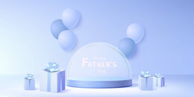 Yuvarlak sahneli Babalar Günü afişi ve mavi arka planda hava balonları. Boş silindir sahnesi olan tatil kartlarının vektör gerçekçi çizimi, kurdeleli hediye kutuları, indirimli bayram broşürleri.