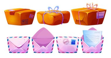 İp ve bant ile bağlanmış kahverengi paket kutularıyla çizgi film posta seti, uyarı işaretleri, barkodlar ve mavi kenarlı pembe posta zarfları, posta pulları, postane mührü. Vektör teslim simgeleri.