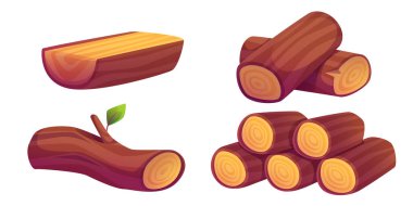 Yakacak odun yığınları beyaz arka planda izole edildi. Ahşap kütüklerin vektör çizimi, kamp ateşi için kesilmiş gövde parçaları ve dallar, kabuklu kereste, doğal yapı veya marangozluk malzemesi