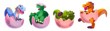 Cute reptile babies hatching from eggs - set of newborn dinosaurs with different expressions. Collection of blue, green, and orange smiling characters for children game design or nursery decoration. clipart