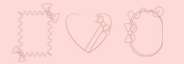 Dekoratif kurdeleli pembe çerçeveler. Zarif sınır çizgisi, dalgalı dikdörtgen, romantik kalp şekli, eğri oval hatlar. Süslü Bowknot ile zarif çizgi tasarım elementleri.