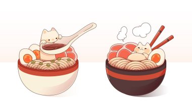 Beyaza izole edilmiş ramen yiyen kedi. Kawaii tarzı kedi yavrusunun modern vektör çizimi kaşık ve yemek çubuklarıyla geleneksel Asya yemekleri kasesinde, doğu lokantası menüsünde