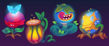 Gece canavarı bitkileri arka planda izole edildi. Dev uzaylı çiçeğinin vektör karikatür çizimi ağzı ve dili açık, neon peri masalı yaratıkları, büyülü ormanda ısıran yırtıcı hayvanlar.