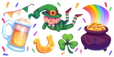 Saint Patricks Day symbols set isolated on white background. Vector cartoon illustration of green leprechaun in hat, golden horseshoe, rainbow above cauldron with coins, glass of beer, clover leaves clipart