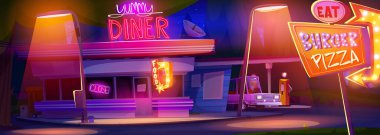 Parlak neon ışıkları olan bir çizgi film lokantası. Parlak tabela, yemek reklam panosu, aydınlatılmış hamburger pizza menüsü. Ön taraftaki eski bina, kafeteryadaki benzin istasyonunda park edilmiş araç..