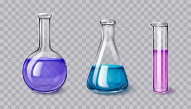 Renkli sıvılara sahip üç boyutlu şeffaf damarlardan oluşan kimya laboratuvarı camları. Mor solüsyonlu yuvarlak şişe, mavi sıvılı konik beher ve pembe maddeli tüp test tüpü..