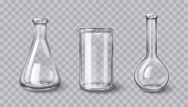 Kimya laboratuarı 3d cam kaplar - şeffaf boş şişeler, tüpler, gerçekçi yansımaları olan silindirik kaplar. Bilimsel deneyler için beyaz cam temiz laboratuvar ekipmanı.