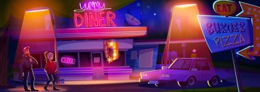 Geceleri kapalı mekanların yakınında insanlar olan çizgi film lokantası. Aydınlatılmış restoran dışı, parlak neon ışıkları, benzin istasyonu ışıkları. Akşamları park halindeki araba sokak lambasının altında duruyor..