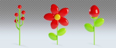 3 boyutlu ilkbahar kil kırmızı çiçek koleksiyonu - küresel dal, taç yaprakları ve sarı merkezle çiçek, oval tomurcuk parlak yeşil yapraklarla çiçek açar. Sezon veya festival tasarımı için parlak botanik elementler.