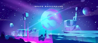 Neon kozmik manzaralı uzay manzarası - floresan yabancı yüzey, yüzen kaya oluşumları, parlayan kristaller, yıldızlı mavi gökyüzünde parlak gezegenler. Gelecekçi çevre arkaplanı.