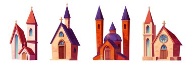 Kilise, mozaikli camları, uzun kuleleri, haçları ve mimari detayları olan Katolik kiliselerinin karikatür koleksiyonu. Ahşap kapıları ve çan kuleleri olan ortaçağ dini yapıları.