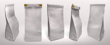 Paper coffee bag mockup set in various angles - white pouch with gold clips, foil packaging with seal, standing rectangular containers. Empty package design for beans and ground product branding. clipart