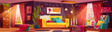 Sarı koltuklu Boho oturma odası, yeşil koltuk, duvarında vinil plaklar ve sanat eserleri, saksı bitkileri, kırmızı perdeli güneş ışığı pencereleri, ahşap yemek masası, atmosferik iç mekan için dekoratif şamdan.