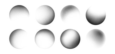 Gradyan nokta küreleri beyaz arkaplanda izole edildi. Yarım ton tonlu noktalı topların vektör gerçekçi çizimi, siyah ve gri boya spreyleri, pasaklı sanat unsurları.