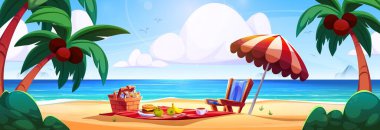 Hasır sepetli plaj pikniği sahnesi, kırmızı battaniyeli sandviç ve meyveler, çizgili şemsiyenin altında uzanma. Kum kıyısı manzarası palmiye ağaçları, mavi okyanus ve güneşli gökyüzünde beyaz bulutlarla çevrili..