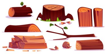 Ağaç kütükleri, çim ve dallı ağaç kütükleri, doğranmış kereste parçaları, yapraklı ahşap dallar, ağaç kabuğu halkalarıyla kesilmiş gövdeler ve yıllık daireler. Kamp ateşi için doğal kereste malzemeleri..