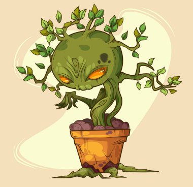 Turuncu parlayan gözlü korkunç bitki canavarı seramik çömlekten çıkan çarpık yeşil yaratık. Yapraklı dalları olan botanik karakteri gibi ürkütücü bir uzaylı, Cadılar Bayramı oyun tasarımı için eğilmiş..