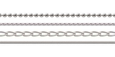 Gümüş ya da beyaz altın zincirli mücevher koleksiyonu. Metalik boncuklu kolye, örgülü desen, birbirine kenetlenmiş oval halkalar, bükülmüş ip tasarımı. Mücevher kataloğu tasarımı için gerçekçi zarif aksesuarlar.