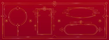 Çin altın çerçeveleri kırmızı arka planda izole edildi. Zarif sarı kenarların vektör gerçekçi çizimi, Yeni Yıl kartı için Asya tarzı tasarım unsurları, poster veya afiş, doğu dekorasyon sanatı